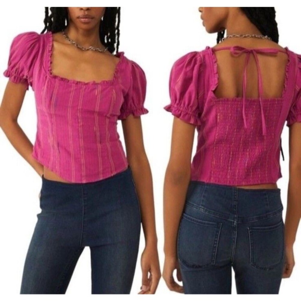 Free People L Serotonin Corset Style Top Sherbet Raspberry Blouse Puff Sleeve